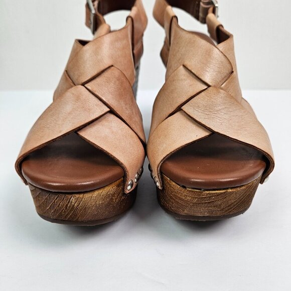 Kork-Ease Constance Braided Leather Wood Platform Heel Sandal Tan/Pink 9 K17316 - Picture 4 of 12